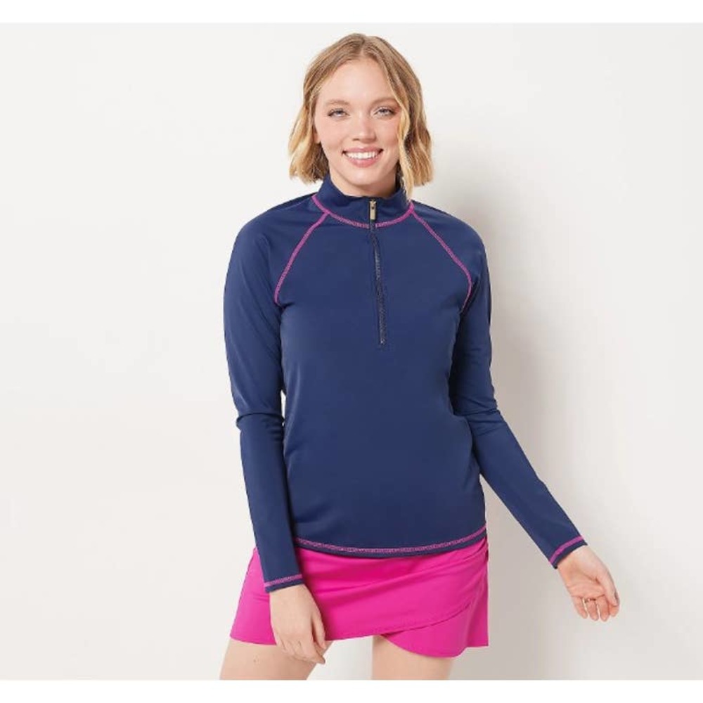 AMBERNOON II by Dr. Erum Ilyas UPF 50 Half Zip Mock Neck Rash Guard Navy 14